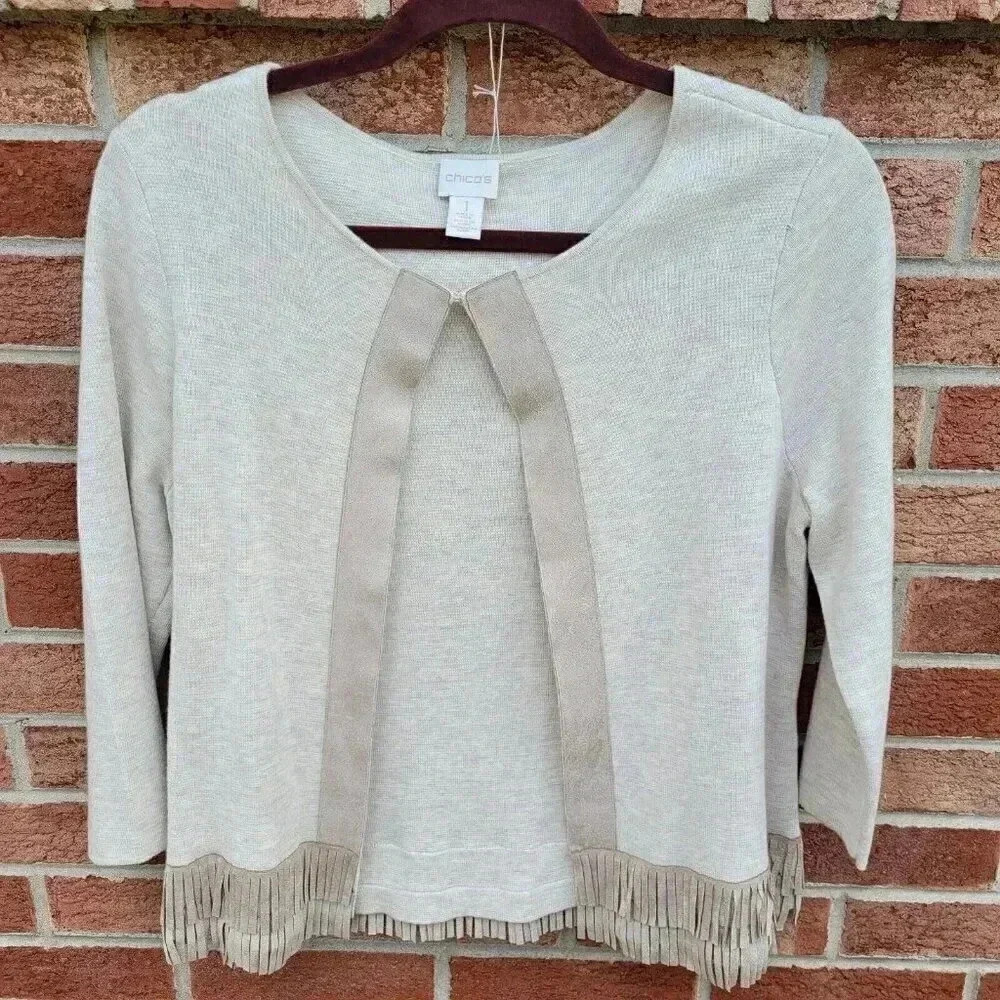 Chico's Cardigan Sweater Women's Size Medium Beige Suede Accents